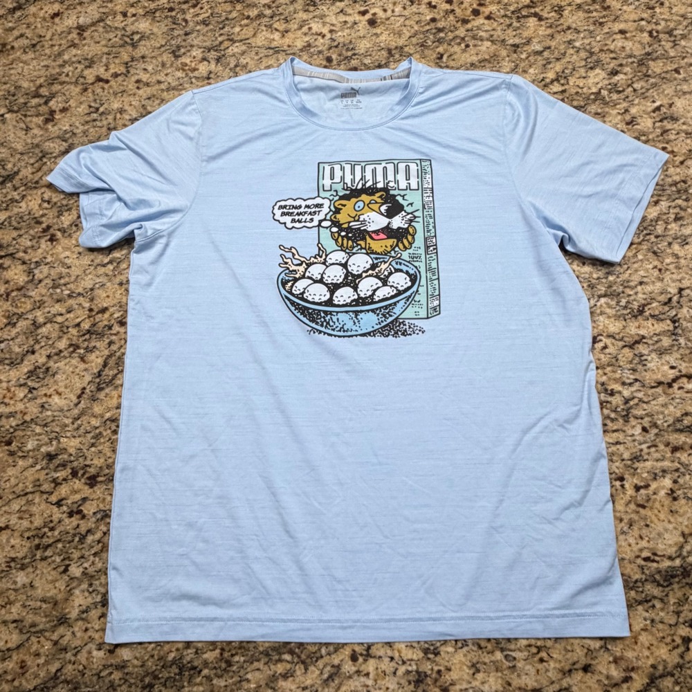 Puma Golf Breakfast Balls Graphic T-Shirt Mens Large Light Blue Short Sleeve v